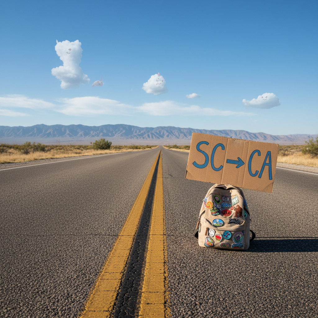 A long, almost empty highway stretching straight into the distance, the faded yellow centerline guiding the eye from the foreground toward hazy mountains on the far horizon. On the right side of the frame, a cheerful, hand-drawn cardboard sign reading “SC ➜ CA” lies near the gravel shoulder, weighed down by a small, well-worn backpack covered in quirky travel patches. The roadside grass shifts from lush green in the foreground to dusty golden tones further away. Overhead, a wide blue sky holds a few whimsical, fluffy clouds. The scene is lit by bright late-morning sunlight, casting crisp shadows and bringing out rich, saturated colors. Captured in photographic realism from a low angle near the pavement with a deep depth of field, the composition feels expansive, open, and playfully optimistic about the journey ahead.
